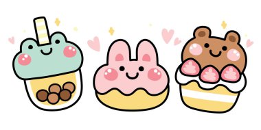 Tatlı tatlı ve içecek karikatürlü şirin yüzlü hayvanlar. Köpüklü süt çayı. Donut, meyveli kek. Kurbağa, tavşan, oyuncak ayı eli koleksiyonu.. 