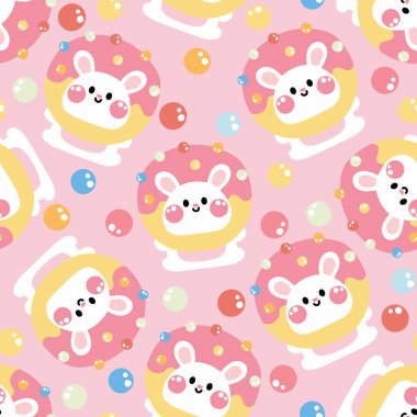 Tatlı tavşanın kusursuz deseni, şekerli çörek şapkalı maskot. Kemirgen hayvan karakteri çizimi. Bebek kıyafetleri. Tatlı ve tatlı..