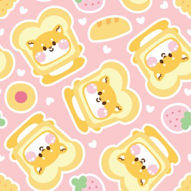 Şirin Shiba Inu köpeğinin kusursuz desenli ekmek şeklindeki şapka ve fırın ikonu arkaplanı. Japon hayvan karakteri çizgi film tasarımları. Reçel kurabiyeleri. Kawaii.Vector. İllüstrasyon..