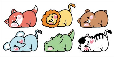 Bir grup şirin hayvan beyaz arka planda poz veriyor. Rahatla. Tilki, aslan, oyuncak ayı, fil, timsah, zebra eli çizilmiş..