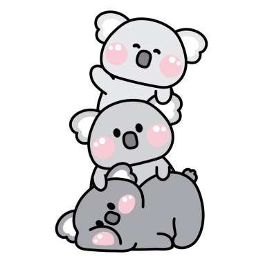 Şirin Koala birbirinin üstünde duruyor. Vahşi hayvan karakteri çizgi film tasarımı. Kart, poster, çıkartma, bebek kıyafetleri, tişört baskı ekranı. Rahatla..