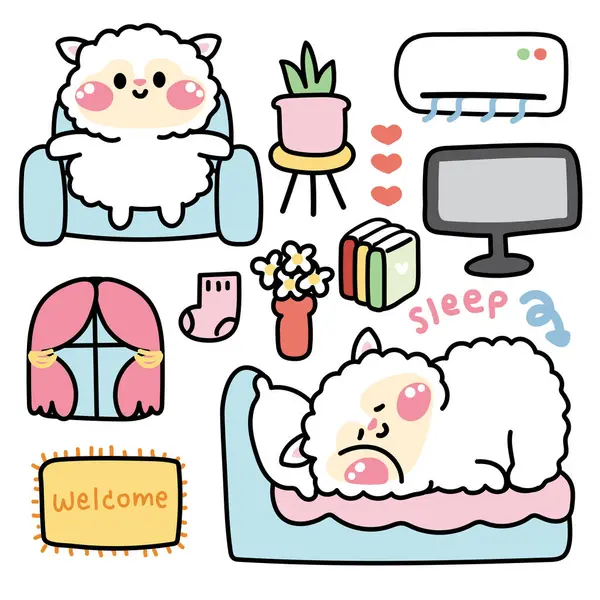 stock vector Set of cute sheep various poses in living room concept.Farm animal character cartoon design.Bed,book,sofa,television,air conditioner drawn collection.Home.House.Kawaii.Vector.Illustration
