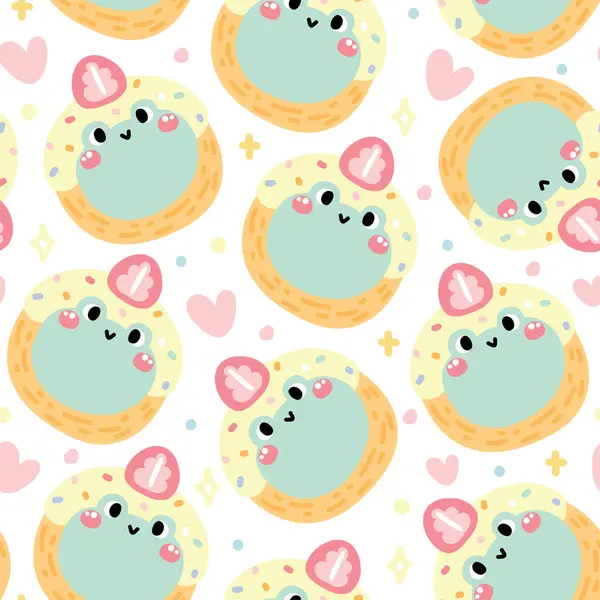 Seamless Pattern Cute Donut Smile Frog Head Strawberry White Background — Stock Vector