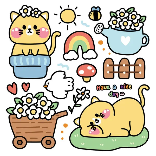 Σύνολο Χαριτωμένο Γάτα Διάφορες Στάσεις Λουλούδι Ανθίζοντας Έννοια Κατοικίδιο Ζώο Διανυσματικά Γραφικά
