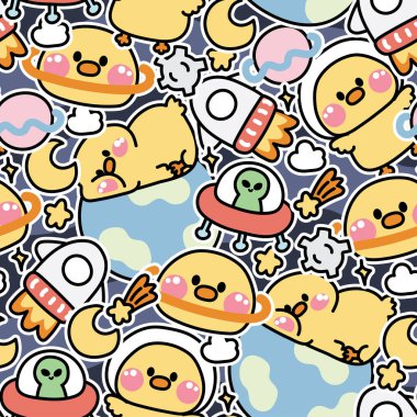 Seamless pattern of cute chicken various poses sticker in space concept background.Farm animal character cartoon design.Planet,galaxy,moon,star,rocket,earth,alien drawn.Kawaii.Vector.Illustration clipart