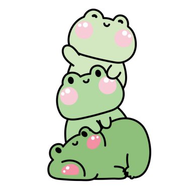 Şirin kurbağalar birbirlerinin üstünde dururlar. Sürüngen hayvan karakteri çizgi film tasarımı. Kart, poster, çıkartma, bebek kıyafetleri, tişört baskı ekranı. Rahatla..