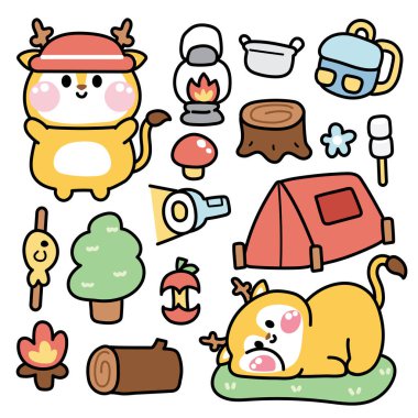 Kamp konseptindeki sevimli geyik seti. Vahşi hayvan karakteri çizgi film koleksiyonu. Şenlik ateşi, çadır, ağaç, mantar, çiçek eli çizimi..