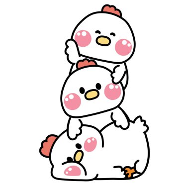 Sevimli tavuk birbirinizin üstünde durun. Çiftlik tavuğu karakteri çizgi film tasarımı. Kart, poster, çıkartma, bebek kıyafetleri, tişört baskı ekranı. Rahatla..