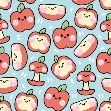 Şirin elma gülüşünün kusursuz şekli arka plan. Catoon karakter tasarımı. Meyve ve sebze el çizimi. Kart, poster, çıkartma, baskı ekranı için resim. Kawaii.Vector. Görüntü.