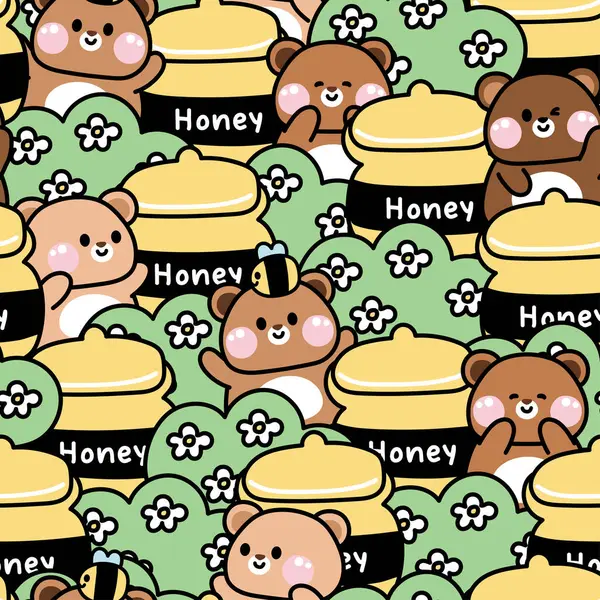 Repeat Seamless Pattern Cute Teddy Bear Various Poses Big Honey — Stock Vector