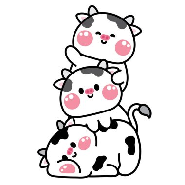 Şirin inek birbirinizin üstünde durun. Çiftlik hayvanı karakteri çizgi film tasarımı. Kart, poster, çıkartma, bebek kıyafetleri, tişört baskı ekranı. Rahatla..