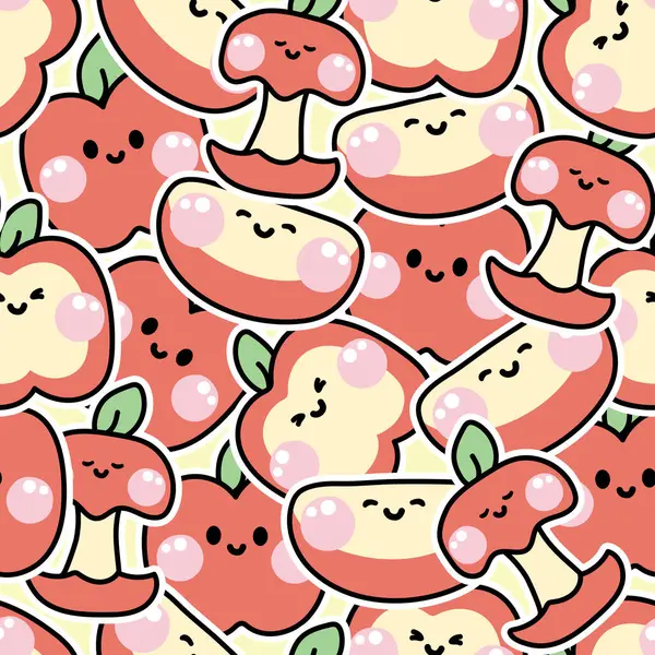 Seamless Pattern Cute Apples Smile Sticker Face Background Catoon Character — стоковый вектор
