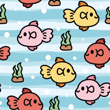 Şirin balıkların kusursuz desenleri denizlerde yüzer. Deniz hayvanı karakteri çizgi film tasarımları. Suyun altında. Sahilde. Okyanusta..