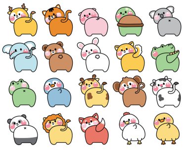 Sevimli hayvan seti beyaz arka planda. Karakter çizimi koleksiyonu. Vahşi, çiftlik, evcil hayvan, sürüngen hayvan tasarımı..