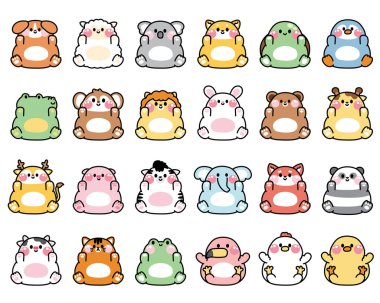 Sevimli hayvanlar yatar ve beyaz arka planda göbek gösterir. Karakter el çizimi koleksiyonu. Vahşi, çiftlik, evcil hayvan, sürüngen hayvan tasarımı..