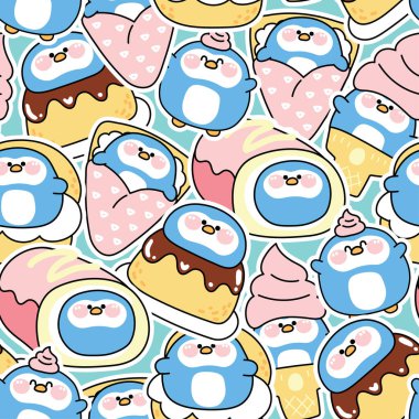 Tatlı, yağlı penguen etiketi ve tatlı fırın konseptinin kusursuz deseni. Dondurma, krep, krep, rulo pasta. Kuş karakteri karikatürü. Kawaii.Vector. Görüntü:.
