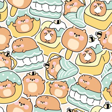 Tatlı ve tatlı fırın konseptinin kusursuz bir örneği. Dondurma, krep, kurabiye, çörek. Hayvan karakteri karikatürü. Kawai. İllüstrasyon..