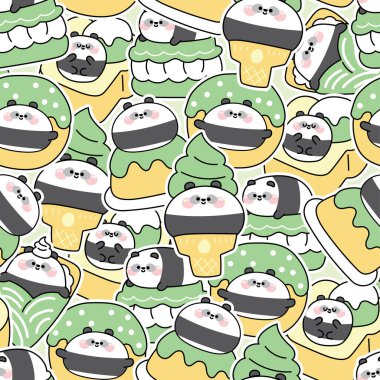 Tatlı ve tatlı fırın konseptinde kusursuz bir panda etiketi. Dondurma, krep, bal tostu, çörek, puding. Vahşi hayvan karakteri karikatürü..