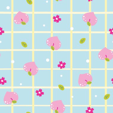 Sakura çiçeği ve yaprak pastel arkaplanlı sembolik şeftali deseni. Japon meyve eli çizilmiş. Kart, poster, giysi baskısı görüntüsü. Kawai..