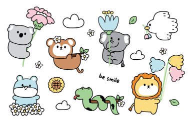 Çok sayıda çiçekli şirin hayvanlar. Pring.Koala, maymun, su aygırı, yılan, aslan, güvercin el çizimi. Çizgi film karakteri. Kawai. İllüstrasyon..