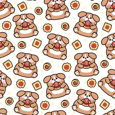 Beyaz arka planda kusursuz şirin köpek tutucu kurabiyeleri. Evcil hayvan karakteri çizgi film tasarımları. Kart, bebek ürünü, matbaa giysileri. Fırın, tatlı, tatlı..