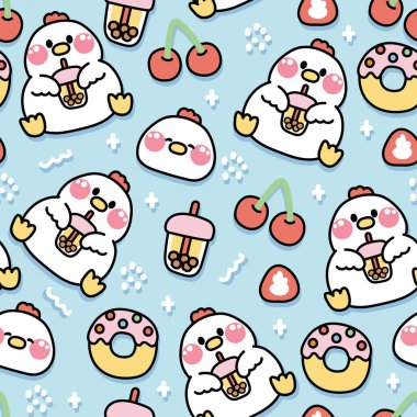 Arka planda şeffaf tavuk sütlü çayın kusursuz deseni. Çiftlik hayvanı karakteri çizgi film tasarımı. Kart, bebek ürünü, matbaa giysileri..