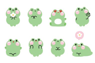 Çeşitli pozlarda ve duygularda sevimli kurbağa pastel seti. Sürüngen hayvan karakteri çizgi film tasarımı koleksiyonu. Çiçek. Kawaii.Vector..