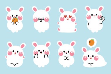 Çeşitli pozlar ve hislerle şirin tavşan pastel seti. Kemirgen hayvan karakteri çizgi film koleksiyonu. Tavşan. Doğu. Havuç. Kawai. İllüstrasyon..