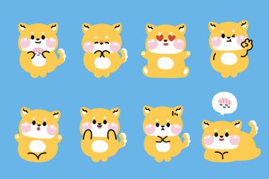Çeşitli pozlarda ve duygularda şirin shiba inu köpek pastel seti. Japon hayvan karakteri çizgi film koleksiyonu. Suşi Japon yemekleri. Kawaii.Vector.Illustration.