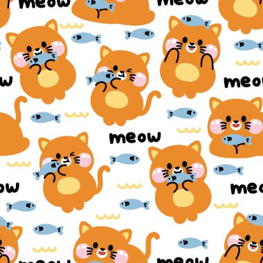 Beyaz arka planda balıklarla poz veren sevimli kedinin kusursuz deseni. Kart, poster, bebek kıyafetleri için resim. Miyav aşığı. Sevgililer Günü Kawaii.Vector. Resim.
