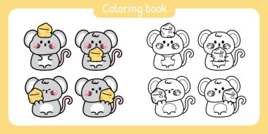 Boyama kitabı. Çocuklar için resim kitabı. Çeşitli pozlarda peynirli şirin sıçan. Fareler. Kemirgen hayvan karakteri çizimleri..