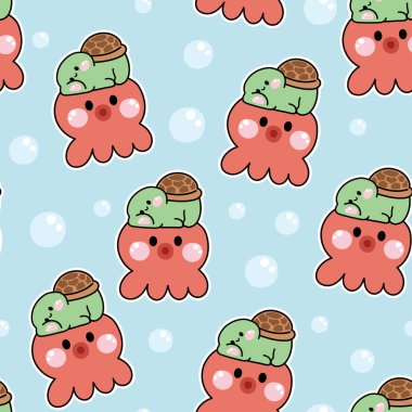 Şirin kaplumbağaların kusursuz deseni ahtapot okyanusunun arka tarafında yatıyordu. su altında. Sürüngen hayvan karakteri çizimi. Kart, çıkartma, bebek kıyafetleri. Kawaii.Vector. Görüntü.