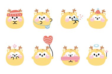 Beyaz arka planda çeşitli pozlarda şirin geyik şekilli pastel seti. Vahşi hayvan karakteri tasarım koleksiyonu. Kawaii.Vector..