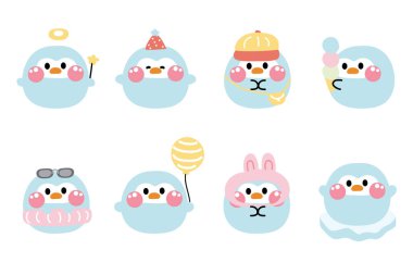 Beyaz arka planda çeşitli pozlarda sevimli penguen şekilli pastel bir set. Kuş hayvan karakteri çizgi film koleksiyonu. Kawaii.Vector..