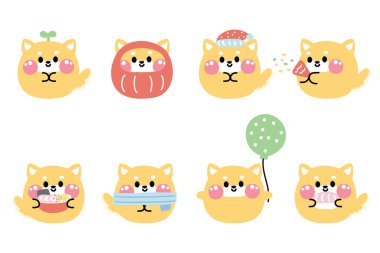 Beyaz arka planda çeşitli pozlarda şirin shiba inu köpek şekilli pastel seti. Japon hayvan karakteri çizgi film koleksiyonu. Kawaii.Vector.illüstrasyon.