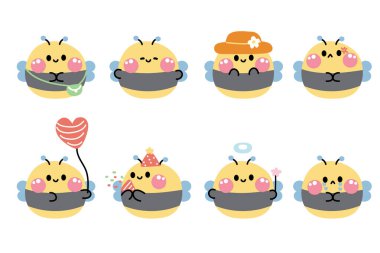 Beyaz arka planda değişik pozlarda ve hislerle şirin arı şekilli pastel seti. Böcek hayvan karakteri çizgi film tasarımı koleksiyonu. Kawaii.Vector.illüstrasyon..
