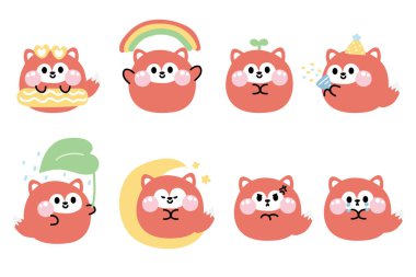 Beyaz arka planda değişik pozlar ve hislerle şirin tilki şekilli pastel seti. Vahşi hayvan karakteri tasarım koleksiyonu. Kawaii.Vector.illüstrasyon.