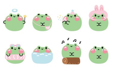 Beyaz arka planda çeşitli pozlar ve hislerle şirin kurbağa şekilli pastel seti. Sürüngen hayvan karakteri tasarım koleksiyonu. Kawaii.Vector.illüstrasyon..