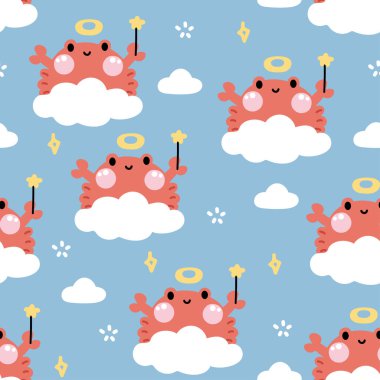 Tatlı yengeç meleğinin kusursuz deseni gökyüzünde kalır. Deniz hayvanı karakteri çizimi. Kawai. İllüstrasyon..