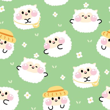 Şirin koyunların kusursuz desenleri çimlerin üzerinde kalır. Çiftlik hayvanı karakteri çizgi film tasarımları. Kart, çıkartma, bebek kıyafetleri için görüntü..