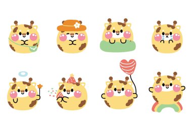 Beyaz arkaplanda değişik pozlar ve hisler içinde şirin zürafa şekilli pastel seti. Vahşi hayvan karakteri çizgi film koleksiyonu. Kawaii.Vector.illüstrasyon..