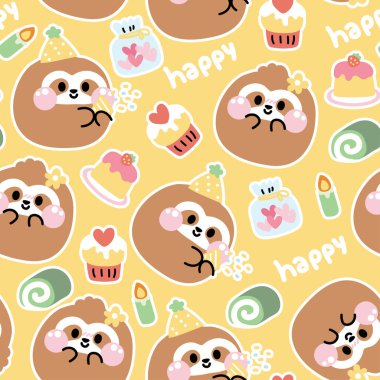 Parti konseptinde kusursuz şekilli tatlı tembel hayvan deseni. Pasta, kalp kurabiyeleri, rulo pasta, mum. Vahşi hayvan karakteri çizgi film tasarımı. Kart, poster, bebek kıyafetleri için görüntü. Kawaii.