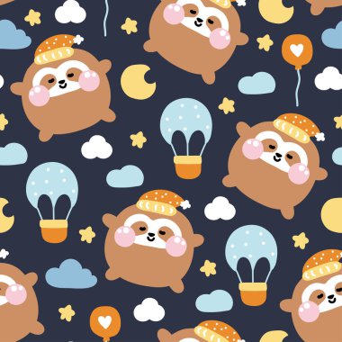 Tatlı tembel hayvanın kusursuz şekli. Balonla ve yıldızla uyur ve ay ışığında uyur. Vahşi hayvan karakteri çizgi film tasarımı. Kart, poster, bebek kıyafetleri. 