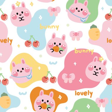 Tavşan şeklinin kusursuz şekli. Tavşan. Kiraz, havuç, ok. kemirgen hayvan karakteri karikatürü. Kart için görüntü, gömlek baskısı, bebek kıyafetleri.