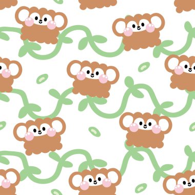 Yaprak arka plan ile çizilmiş eğri şekilli şirin maymunun kusursuz deseni. Face.head. Karikatür vahşi hayvan karakteri tasarımı. Kart, poster, bebek kıyafetleri için görüntü. Kawaii.Vector. Görüntü