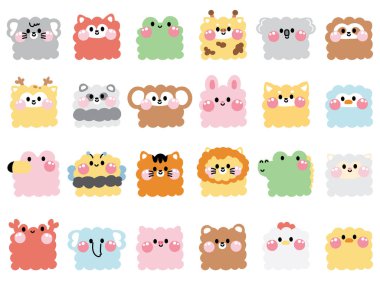 Eğri şekilli el yapımı şirin hayvanlar. Hayvanat bahçesi koleksiyonları. Face. Head. Çizgi film karakteri tasarımı..