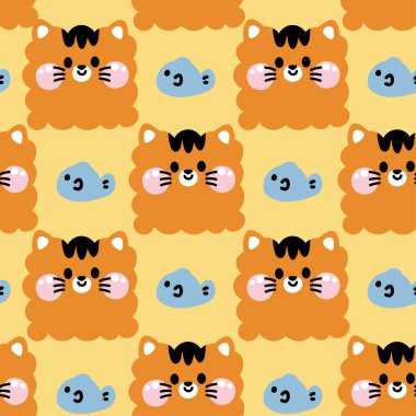 Balığın arka planında çizilmiş eğri şekilli şirin kedi şekilli el çizimi. Face. Kart, poster, bebek kıyafetleri için karikatür hayvan karakteri tasarımı.