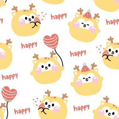 Geyik şeklinin kusursuz şekli parti konseptinde, mutlu metin arka planında. Vahşi hayvan karakteri karikatürü. Kart için görüntü, tişört baskısı ekranı, bebek kıyafetleri.