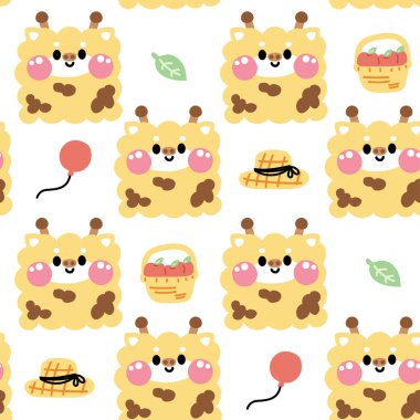 Eğri çizgili el yapımı şirin zürafanın kusursuz deseni. Yaprak, elma, şapka, balon. Yüz. Karikatür, vahşi hayvan karakteri tasarımı..