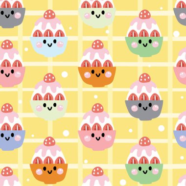 Kusursuz bir gülümseme şekli var. Çilek suratlı Japon tatlısı. Kakigori 'yi geri planda arayın. Kafe ve kahve dükkanı. Tatlı. Karakter çizimi..